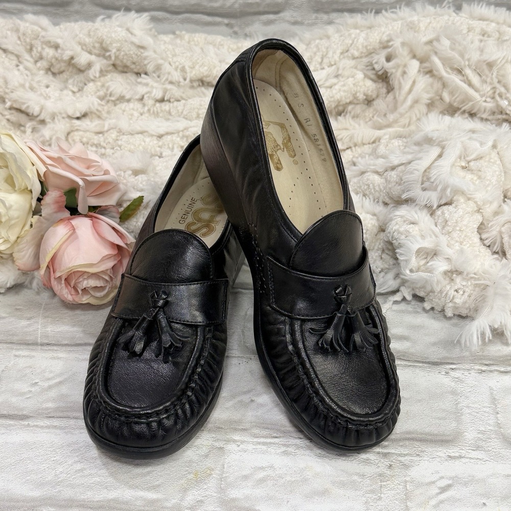Vtg SAS Magic Genuine Leather Black Comfort Shoes Women's 8 S Tassel Wedge Heels